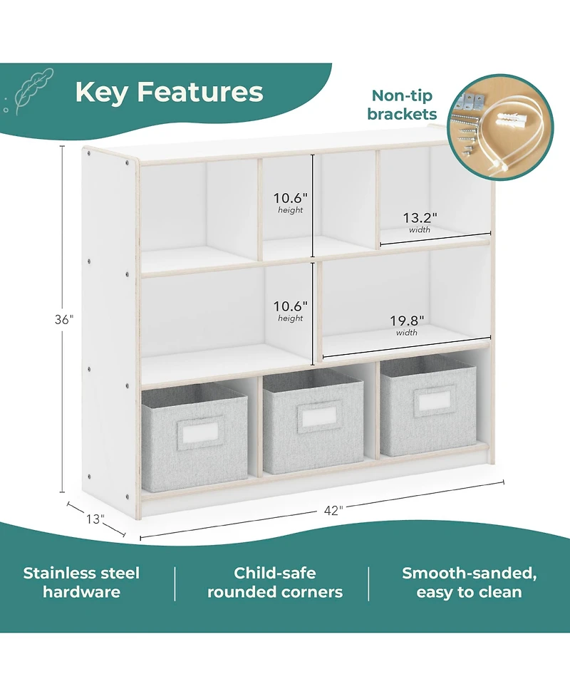 Guidecraft EdQ 3-Shelf 8-Compartment Storage 36" - Natural: Kids' Wooden Cubby Cube Bookshelf with Bins for Toys and School Supplies