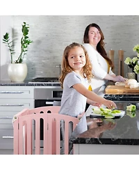 Guidecraft Contemporary Kitchen Helper Toddler Step Stool - Ivory: Adjustable, Kids Foldable Learning Toddler Tower with Safety Mat