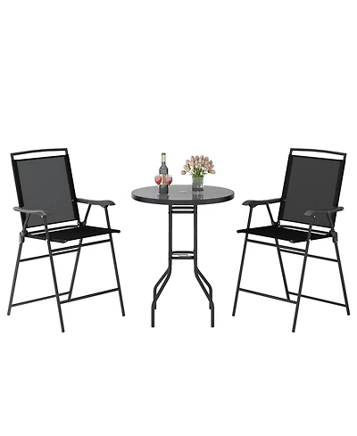 3 Pieces Outdoor Bar Stool Set with Dpc Tabletop and Umbrella Hole for Poolside-Black
