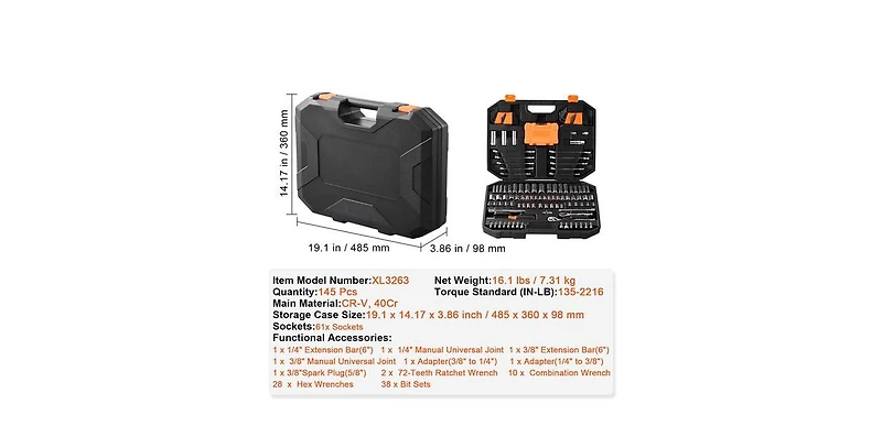 Mechanics Tool Set And Socket Set, Drive Deep And Standard Sockets, 145 Pcs Sae And Metric Mechanic Tool Kit With Bits, Combination Wrench, Hex Wrench