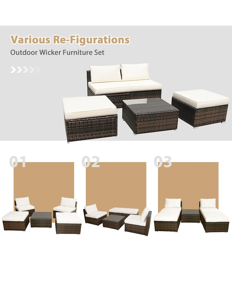 Gymax 5PCS Outdoor Furniture Set Patio Rattan Armless Chair & Ottoman w/ Cushion
