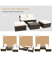 Gymax 5PCS Outdoor Furniture Set Patio Rattan Armless Chair & Ottoman w/ Cushion