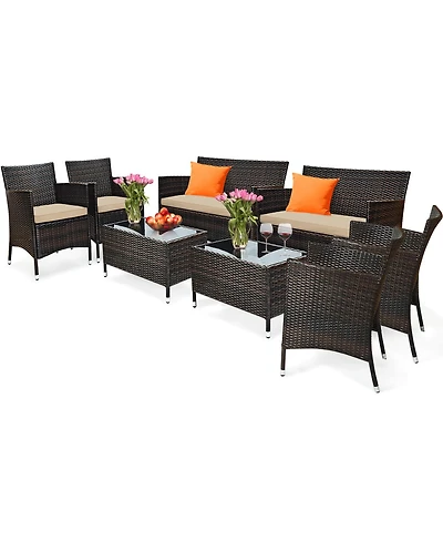 Gymax 8PCS Patio Garden Rattan Furniture Set Coffee Table Cushioned Sofa