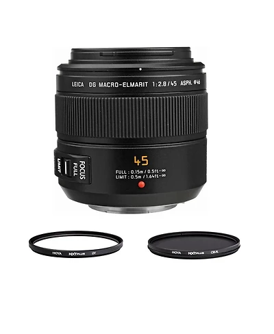 Panasonic Lumix G Leica Dg Macro-Elmarit 45mm f/2.8 Aspherical Lens for Micro Four Thirds, Bundle with Hoya 52mm Uv+Cpl Filter Kit and Cleaning Cloth