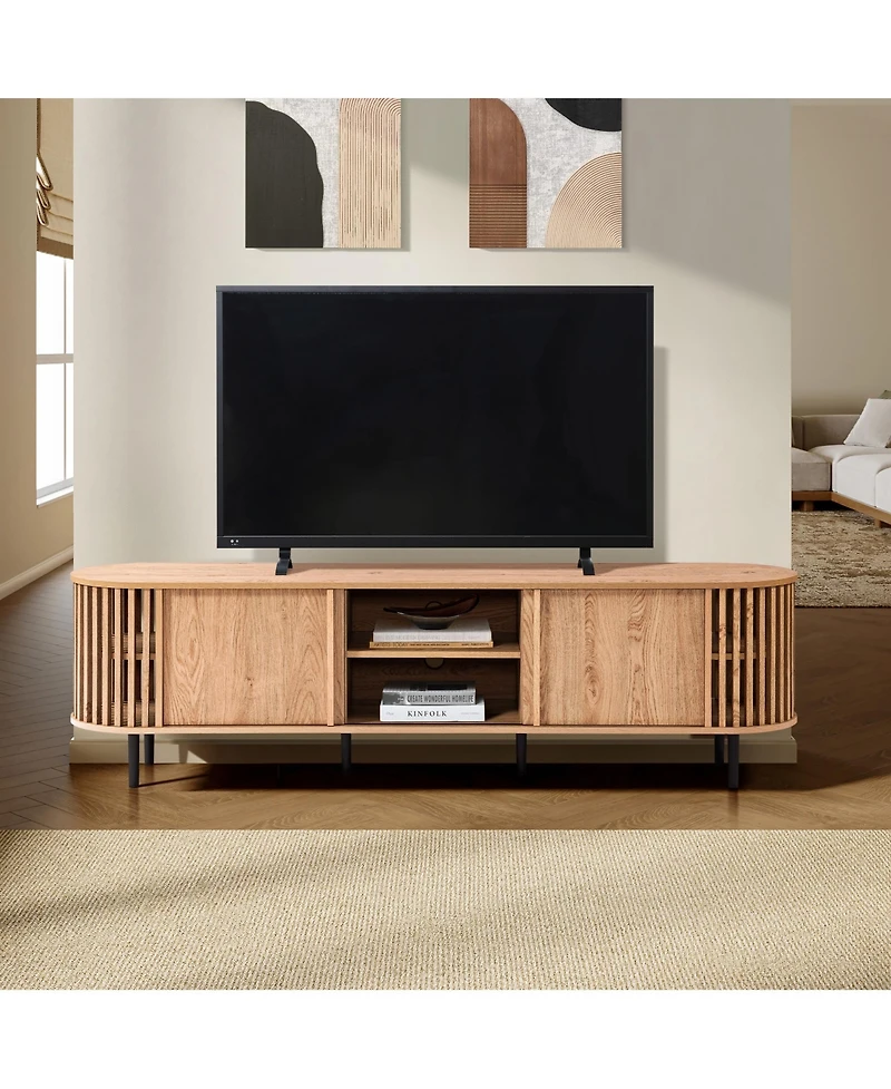 LuxenHome Light Oak Finish Engineered Wood 2-Door and Open Storage 71-Inch Wide Tv Console