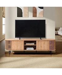 LuxenHome Light Oak Finish Engineered Wood 2-Door and Open Storage 71-Inch Wide Tv Console
