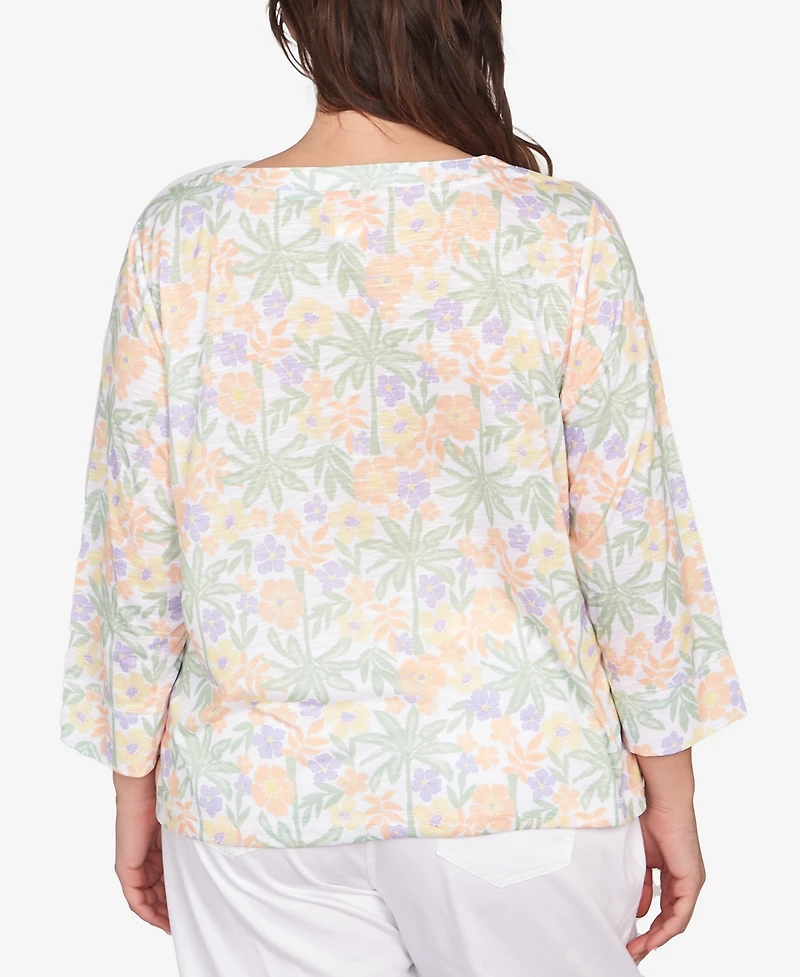 Hearts Of Palm Plus Size Three Quarter Sleeve Drawstring Top
