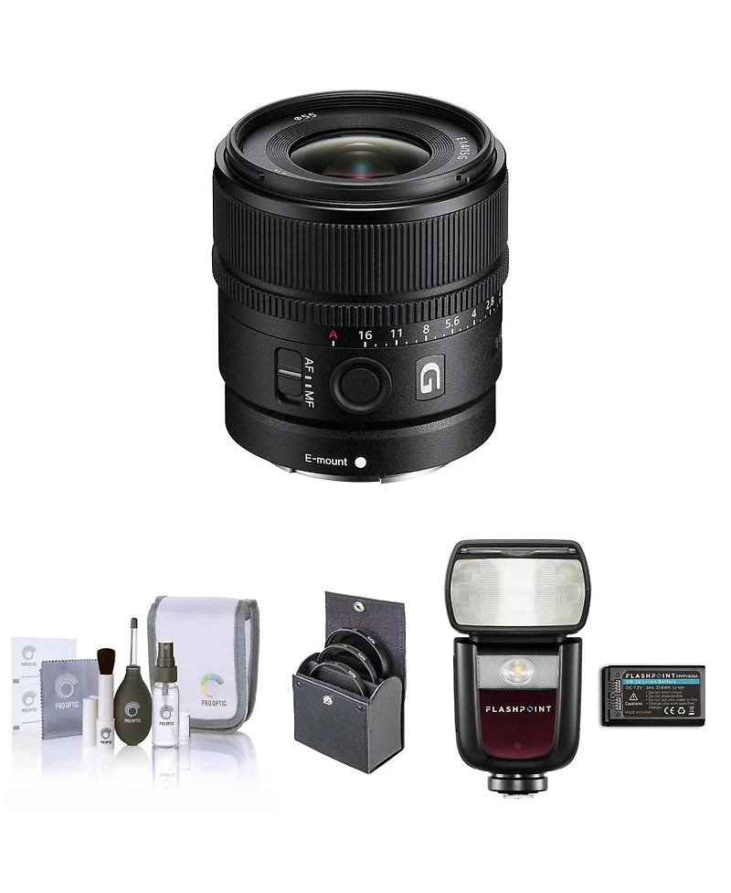 Sony E 15mm f/1.4 G Lens, Bundle with Flashpoint Zoom Li-on Iii R2 Ttl Speedlight Flash, 55mm Filter Kit, Cleaning Kit