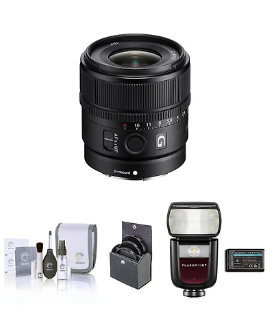Sony E 15mm f/1.4 G Lens, Bundle with Flashpoint Zoom Li-on Iii R2 Ttl Speedlight Flash, 55mm Filter Kit, Cleaning Kit