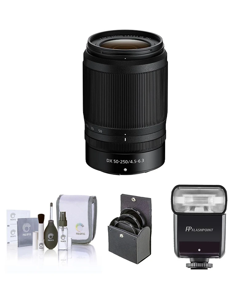 Nikon Nikkor Z Dx 50-250mm f/4.5-6.3 Vr Lens, Bundle with Flashpoint Zoom-Mini Ttl R2 Flash, ProOptic 62mm Filter Kit, Cleaning Kit