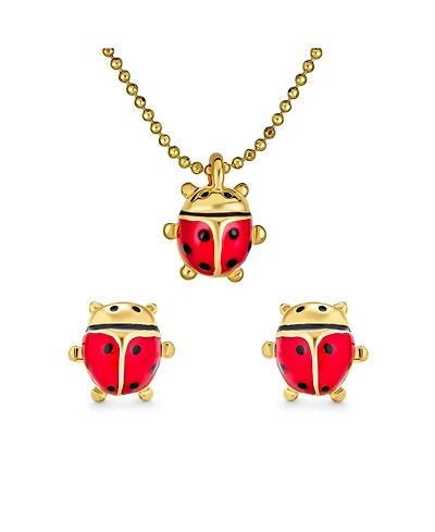 Bling Jewelry Small Red Enamel Ladybug Pendant Necklace and Stud Earrings Set Gold Tone