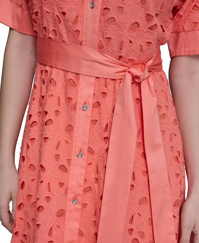 Karl Lagerfeld Paris Petite Cotton Button-Front Eyelet Dress