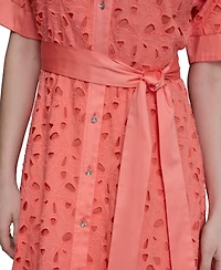 Karl Lagerfeld Paris Petite Cotton Button-Front Eyelet Dress
