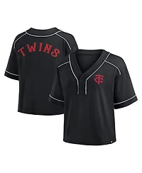 Fanatics Women's Black Minnesota Twins Oversized Champ Game Cropped V-Neck T-Shirt