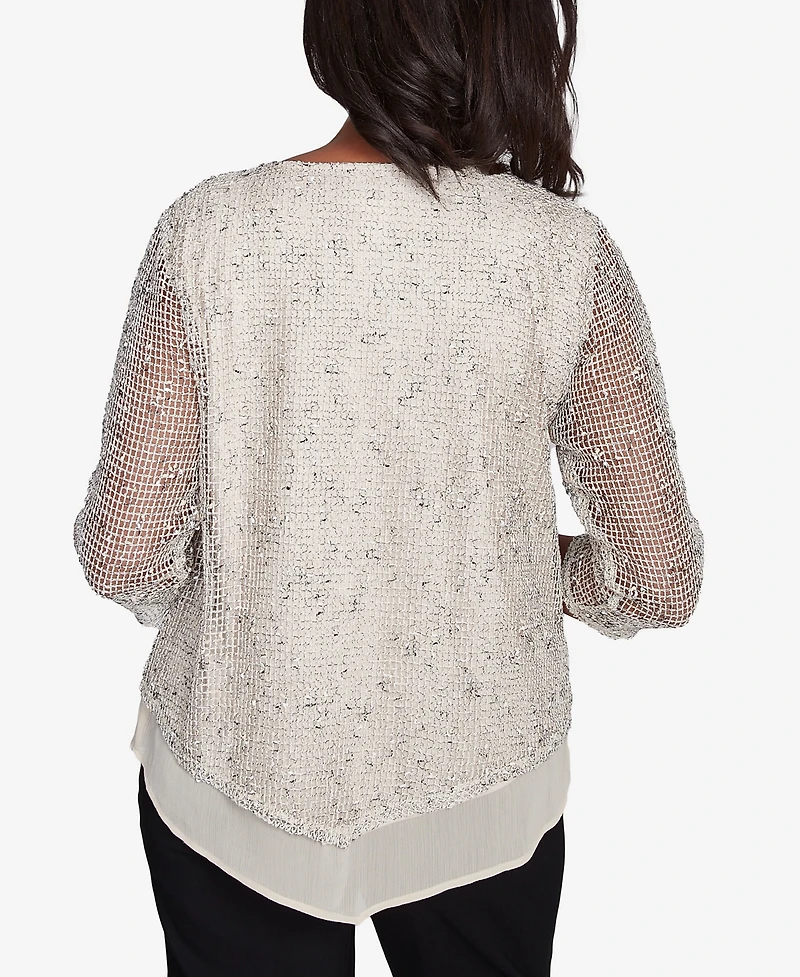 Alfred Dunner Petite Natural Instinct Popcorn Mesh Speckled Top With Necklace