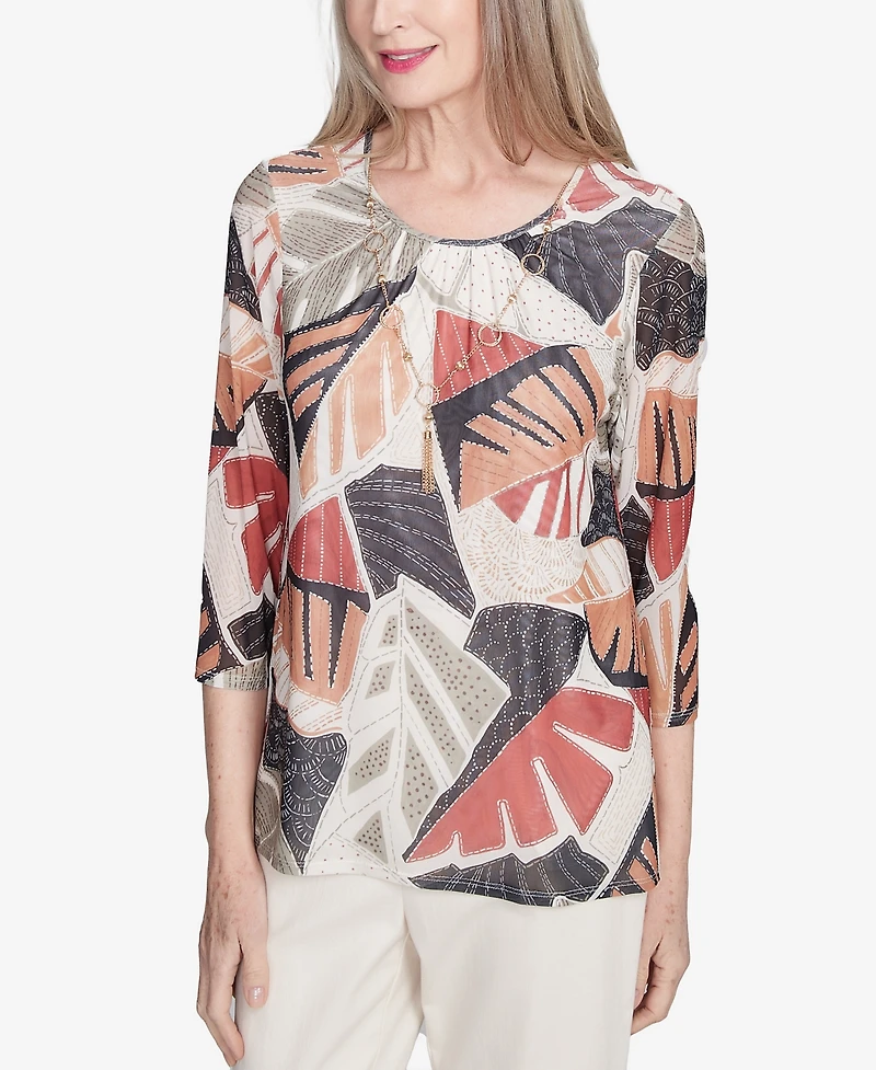 Alfred Dunner Petite Natural Instinct Tropical Mesh Top With Necklace