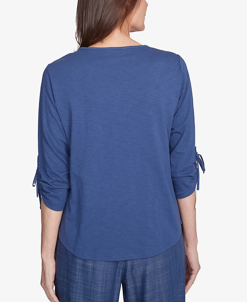 Alfred Dunner Petite Summer Solstice Embroidery Centered Tie Sleeve Top
