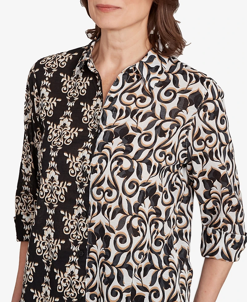 Alfred Dunner Petite Natural Instinct Medallion Twin Print Button Front Top