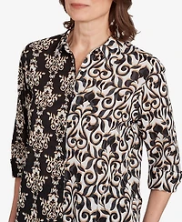 Alfred Dunner Petite Natural Instinct Medallion Twin Print Button Front Top