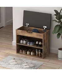 shoe Bench with shelves, natural wooden rack 3 storage compartments, Entryway
