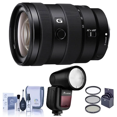 Sony E 16-55mm f/2.8 G Lens, Bundle with Flashpoint Zoom Li-on X R2 Ttl On-Camera Round Flash Speedlight, 67mm Filter Kit, Cleaning Kit