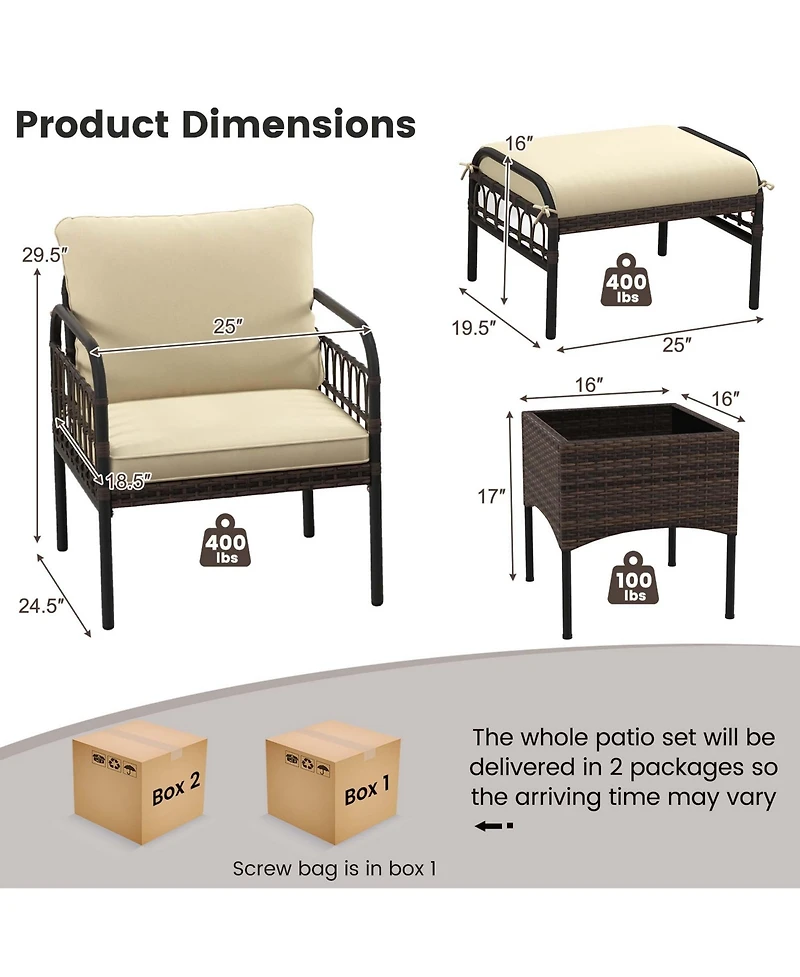 5 Pcs Patio Conversation Set Outdoor Wicker Chair Set with Ottomans & Coffee Table
