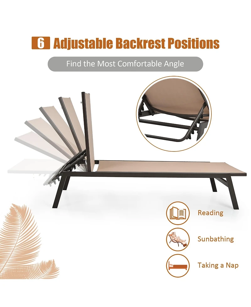 2 Pcs Patio Lounge Chair Chaise Recliner Back Adjustable Garden