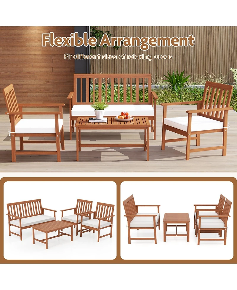 Gymax 4-Piece Acacia Wood Patio Conversation Set Outdoor Furniture Set w/ 2 Armchairs