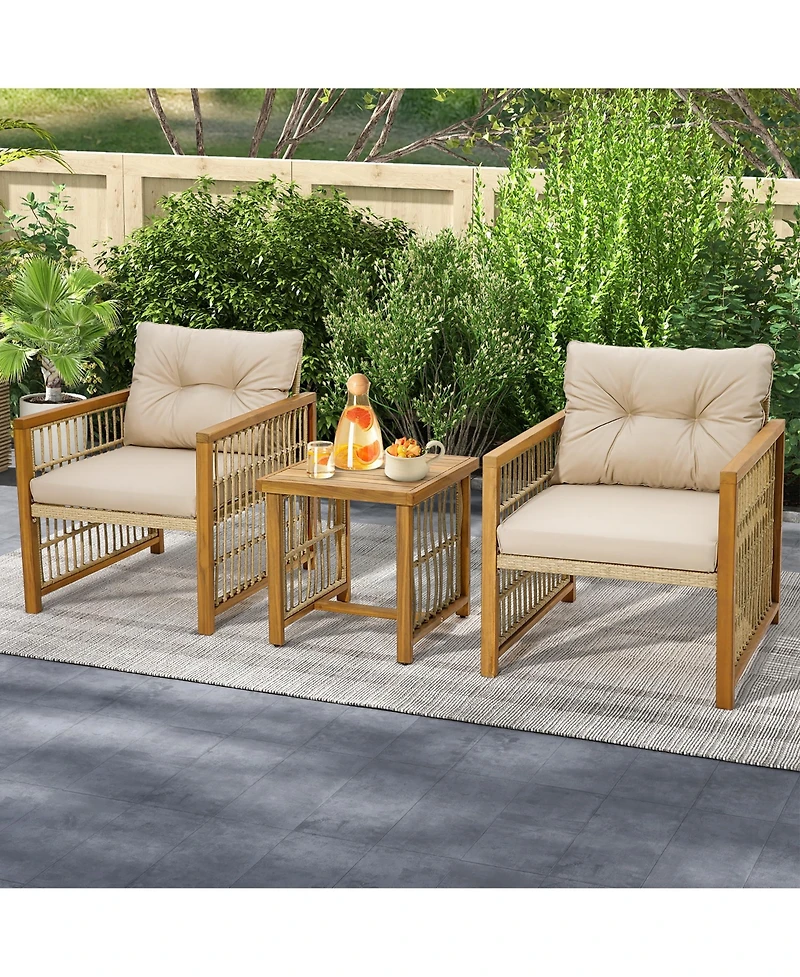 Gymax 3PCS Patio Acacia Wood Pe Wicker Furniture Set w/ Soft Seat & Back Cushions