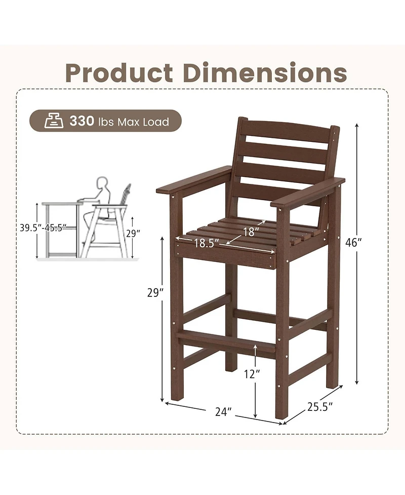 Patio Adirondack Bar Chairs Set of 2 with Wide Armrests & Footrest Backrest
