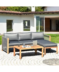 3PCS Patio Sofa Furniture Set Thick Cushion Acacia Wood