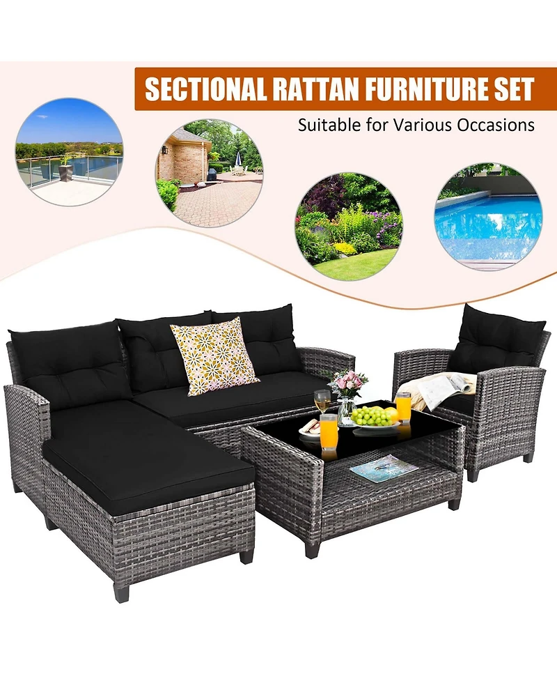 Gymax Set of 4 Rattan Furniture Set Sofa Ottoman Cushion Garden Deck Patio