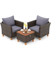 3 Pcs Outdoor Patio Rattan Bistro Furniture Set Wooden Table Top Cushioned Sofa