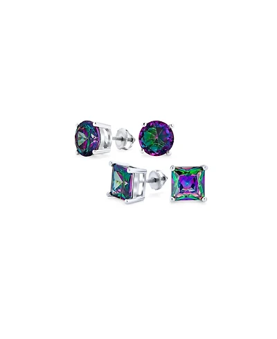 Bling Jewelry Set of 2 Round & Square Black Mystic Rainbow Cz Stud Earrings Sterling Silver