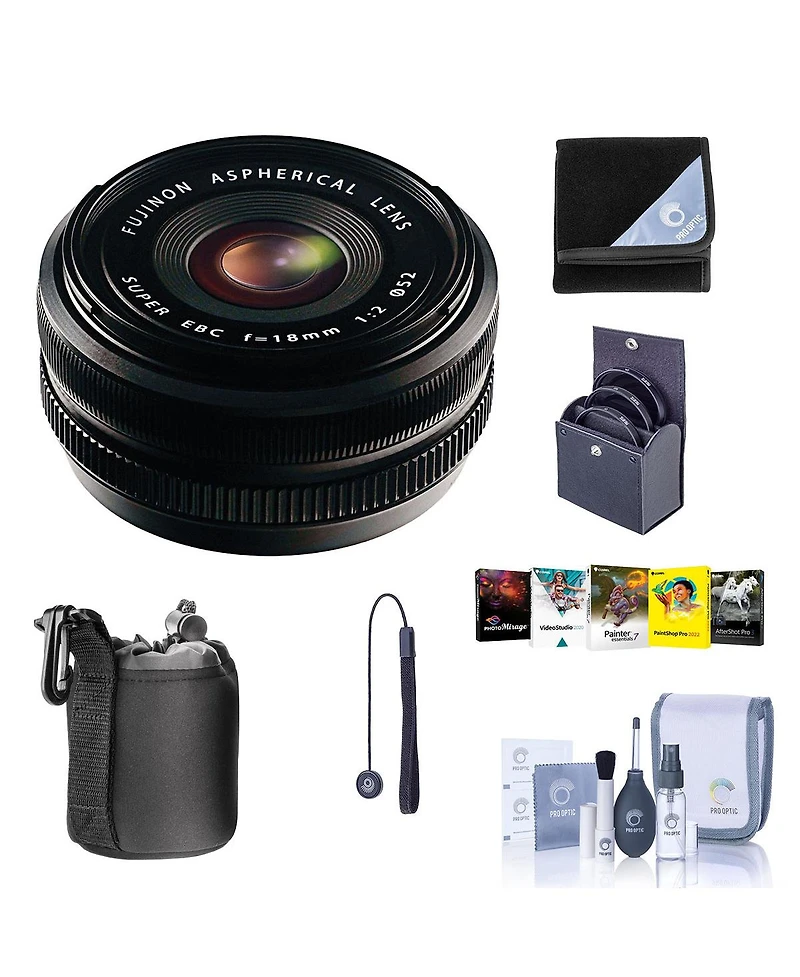 Fujifilm Xf 18mm f/2.0 Lens, Bundle with 52mm Filter Kit, Cleaning Kit, Lens Wrap, Lens Case, Lens Cap Tether and Software Kit