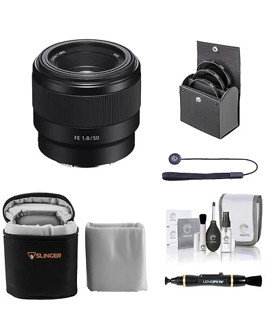 Sony Fe 50mm f/1.8 Lens for Sony E, Bundle with 49mm Filter Kit, Lens Case, Lens Cleaner, Cleaning Kit, Lens Cap Tether