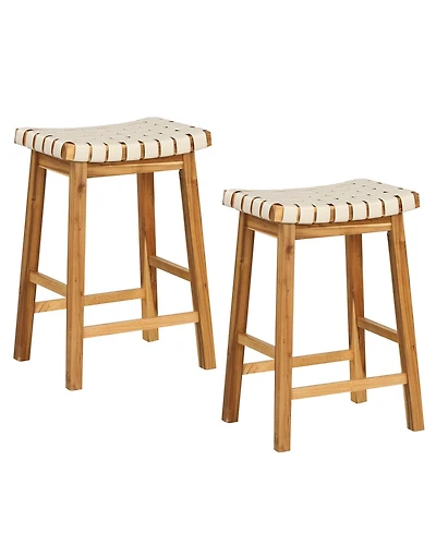 Woven Saddle Stools Set of 2 25.5'' Faux Pu Leather Counter Height Kitchen Stool