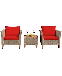 3PCS Patio Rattan Bistro Furniture Set Wood Table Top Cushion Sofa