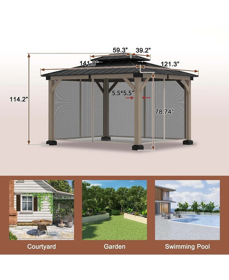 Mondawe 12 ft. x 10 ft. Outdoor Fir Solid Wood Frame Patio Gazebo Canopy Shelter with Galvanized Steel Hardtop Roof Pavilion