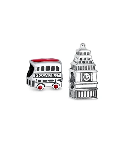 Bling Jewelry Set of 2 London Big Ben and Double Decker Bus Charm Bead Sterling Silver