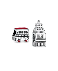 Bling Jewelry Set of 2 London Big Ben and Double Decker Bus Charm Bead Sterling Silver