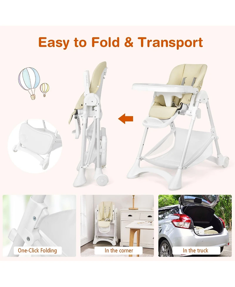 Costway Baby Convertible Folding Adjustable High Chair withWheel Tray Storage Basket