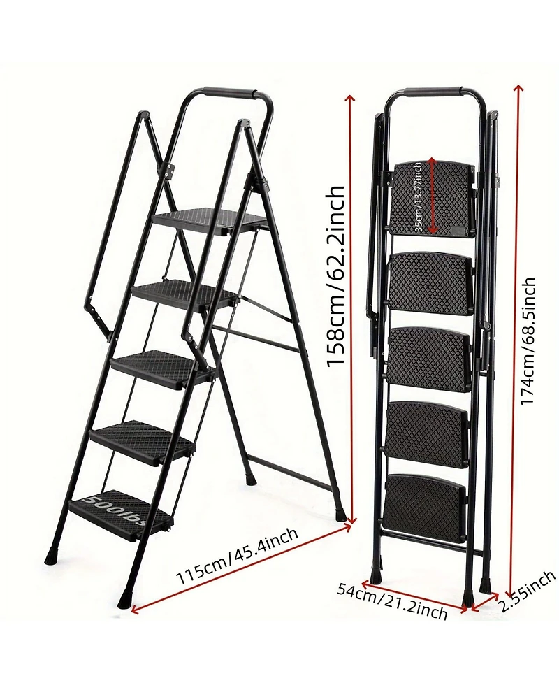 5 Step Lightweight Folding Ladder with Wide Anti-Slip Pedal and Safety Handle, Multi-Purpose Steel Step Ladder