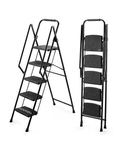 5 Step Lightweight Folding Ladder with Wide Anti-Slip Pedal and Safety Handle, Multi-Purpose Steel Step Ladder