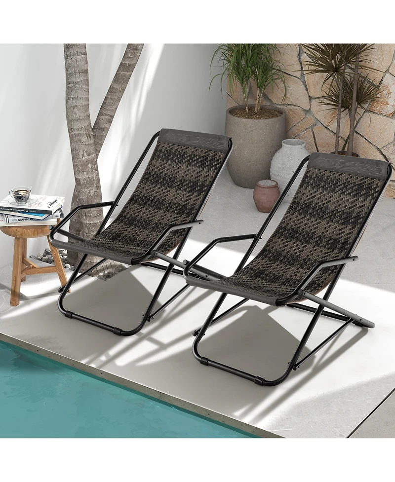 2 Pcs Patio Folding Rattan Sling Lounge Chair Ottoman Rocking Footrests Armrest