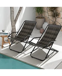 2 Pcs Patio Folding Rattan Sling Lounge Chair Ottoman Rocking Footrests Armrest