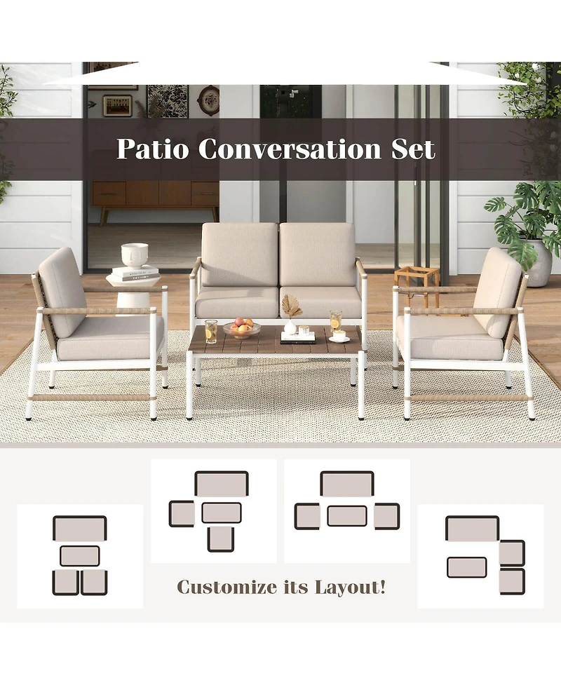 4 Pcs Patio Furniture Set Patio Loveseat Sofa with a Coffee Table 2 Single Couch