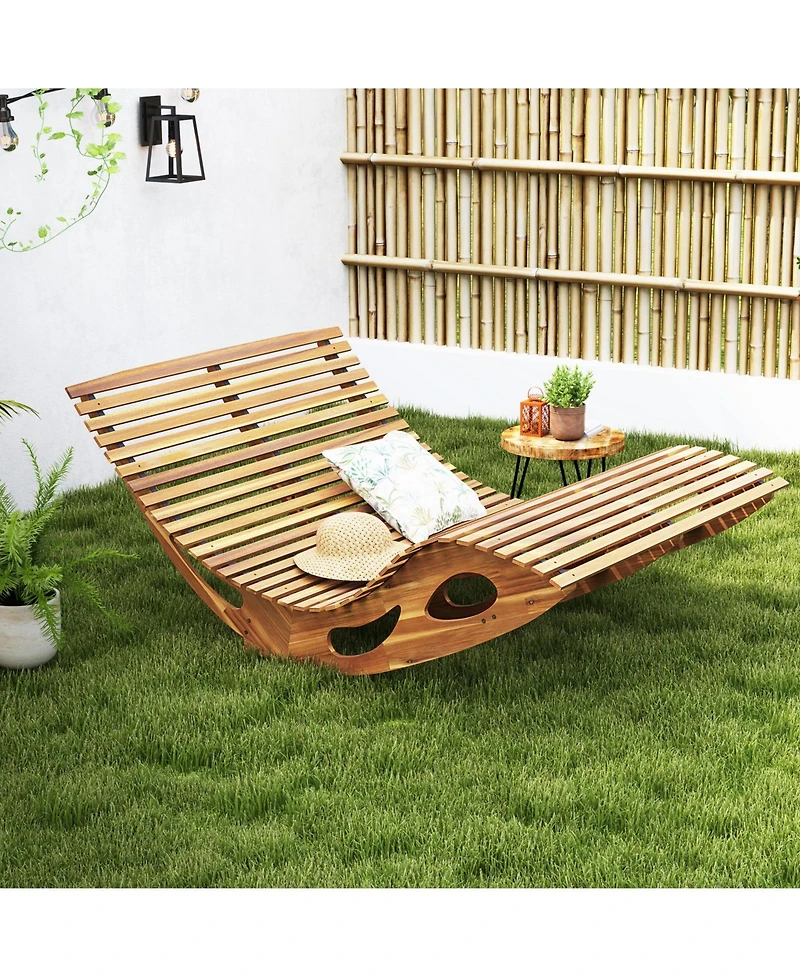 Slatted Acacia Wood 2-Seat Patio Rocker Sunbed with Ergonomic Curved Seat