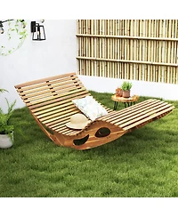 Slatted Acacia Wood 2-Seat Patio Rocker Sunbed with Ergonomic Curved Seat