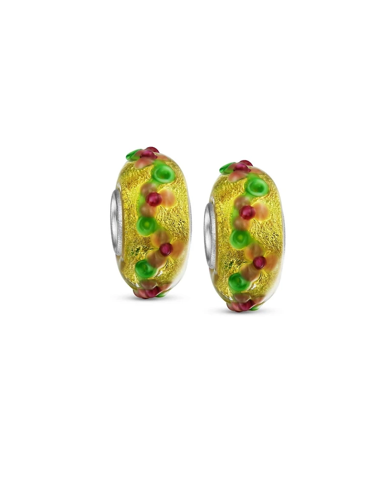 Bling Jewelry Set of 2 Multi-Color Gold Foil Murano Glass Charm Bead 3D Lampwork Flower Silver